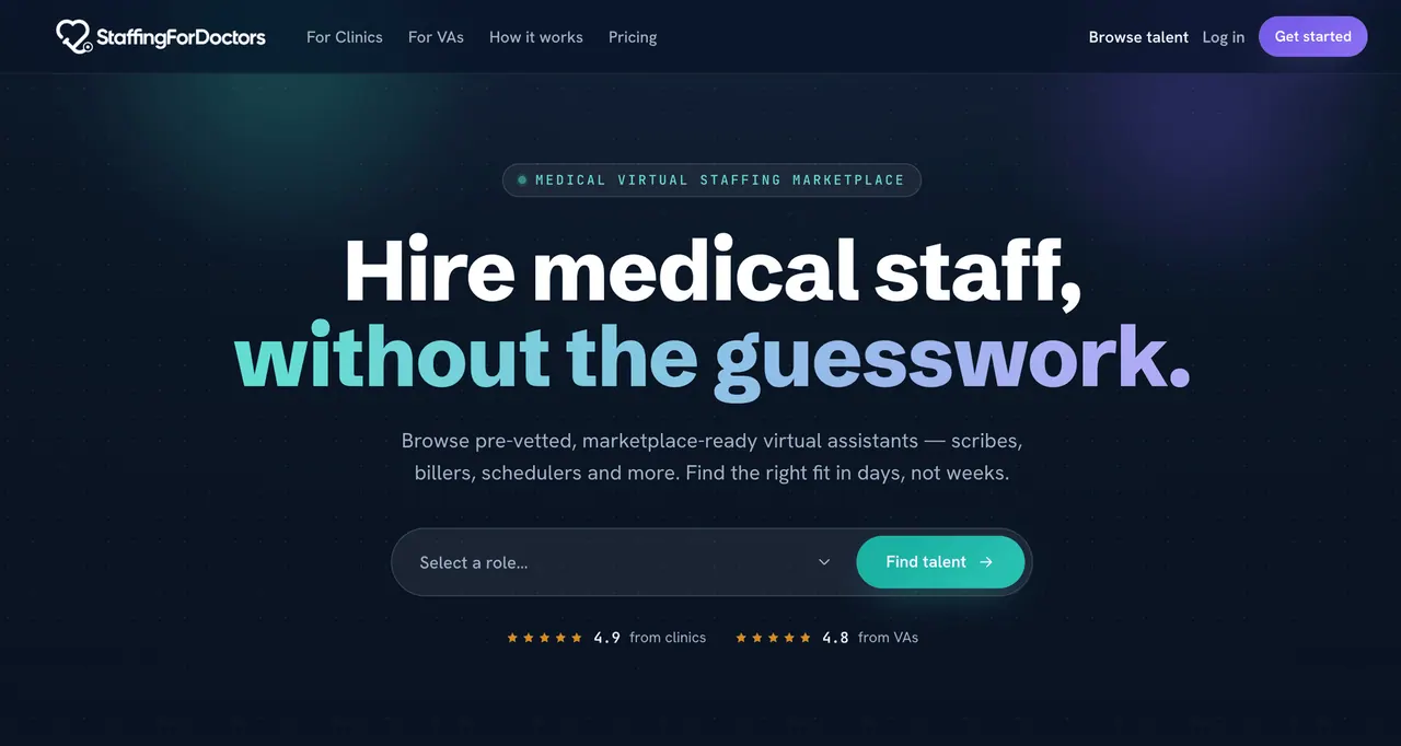 Portal de clientes de Staffing For Doctors con un mercado de personal médico virtual preseleccionado y con certificación HIPAA, filtros por puesto y perfiles de candidatos